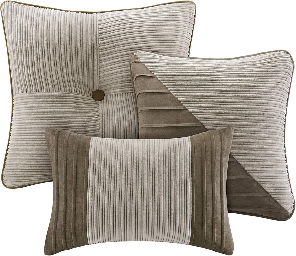 Madison Park Cozy Comforter Set Casual Blocks Design All Season, Matching Bed Skirt, Decorative Pillows, King(104'x92'), Dallas Corduroy, Taupe Brown, 7 Piece
