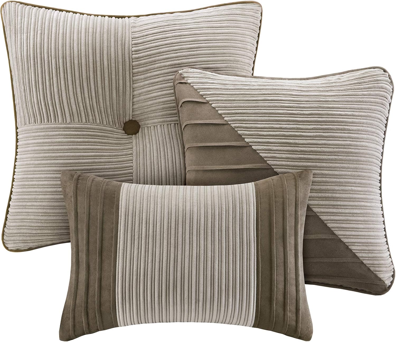 Madison Park Cozy Comforter Set Casual Blocks Design All Season, Matching Bed Skirt, Decorative Pillows, Cal King(104'x92'), Dallas Corduroy, Taupe Brown, 7 Piece