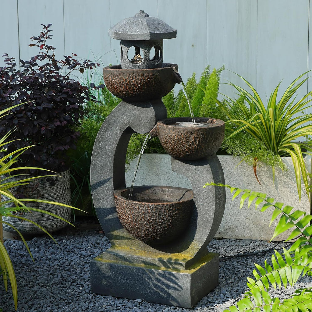 Outdoor Water Fountain with LED Lights, 3-Tier Zen Garden Fountain for Patio, Yard & Porch Decor – Durable Resin Waterfall Feature with Modern Japanese-Style Design, 35' Tall