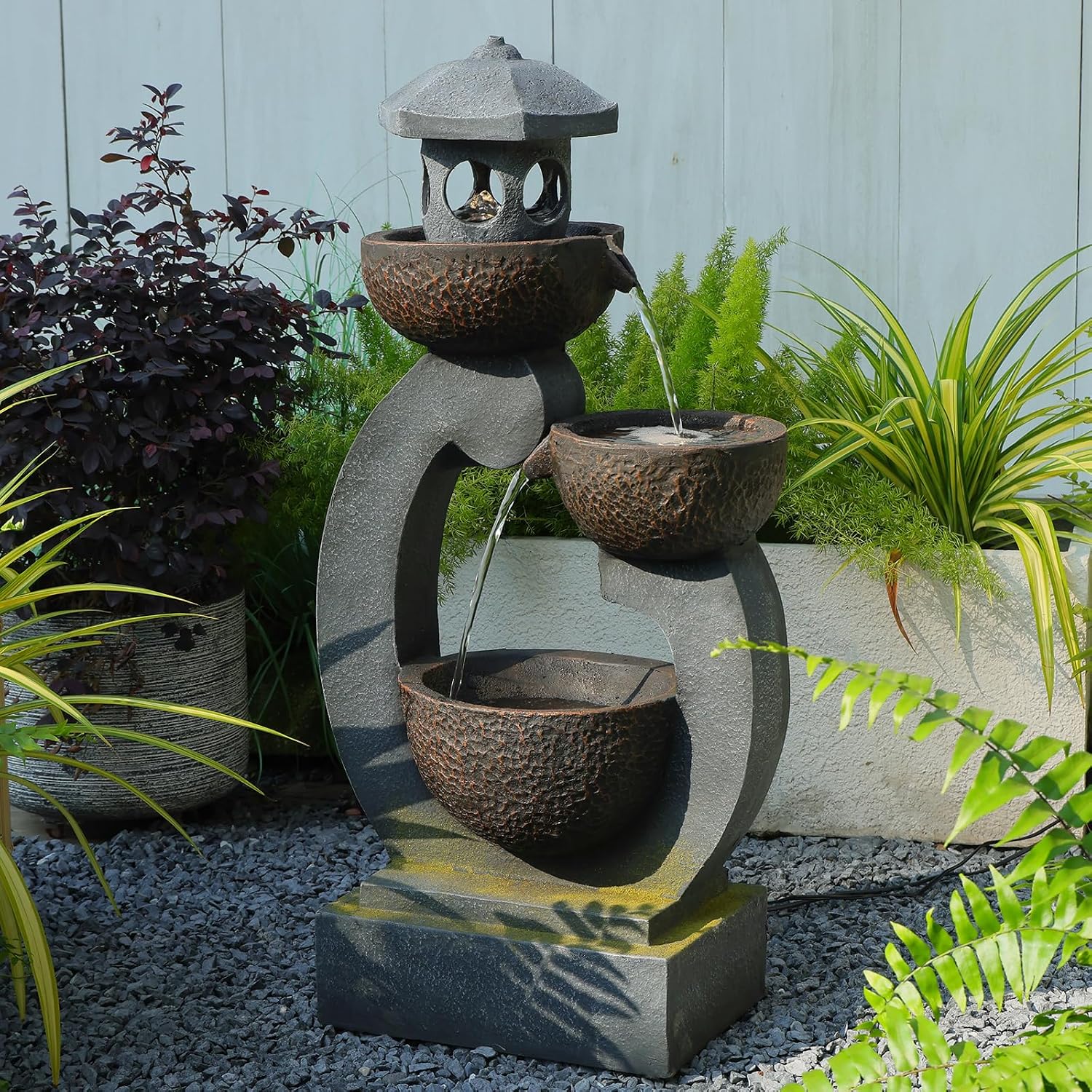 Outdoor Water Fountain with LED Lights, 3-Tier Zen Garden Fountain for Patio, Yard & Porch Decor – Durable Resin Waterfall Feature with Modern Japanese-Style Design, 35' Tall