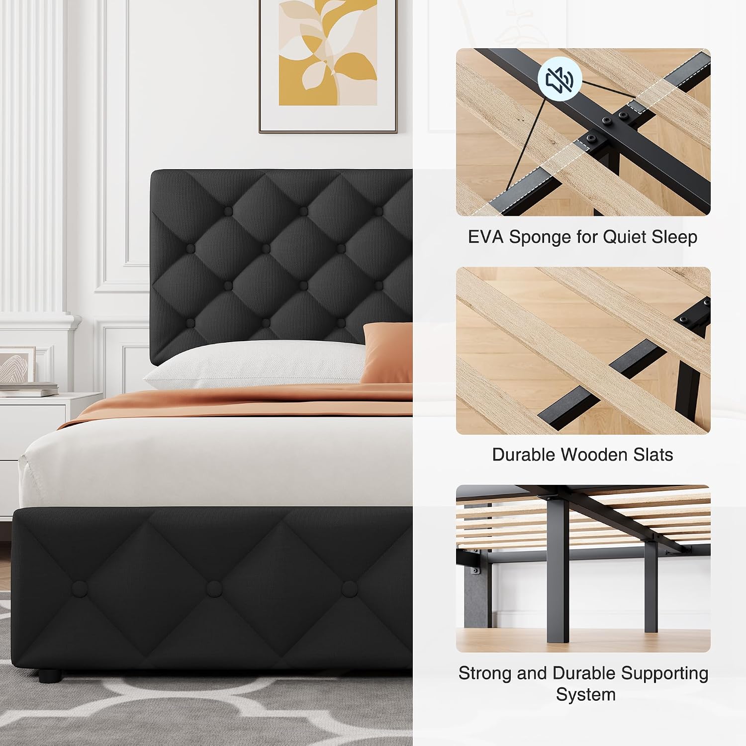 IDEALHOUSE Full Size Bed Frame with 4 Storage Drawers and Adjustable Headboard, Linen Upholstered Platform Beds, Diamond Stitched Button Tufted, No Box Spring Needed, Black