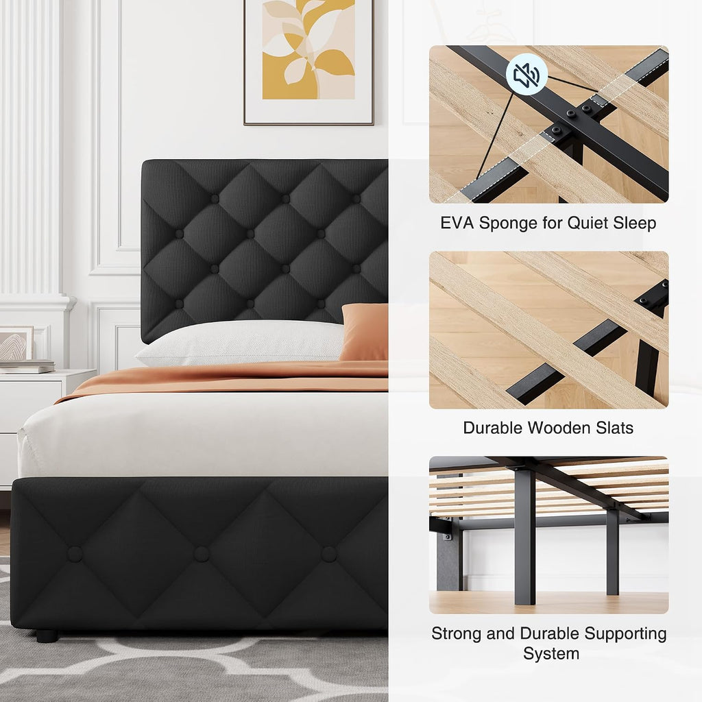 IDEALHOUSE King Size Bed Frame with 4 Storage Drawers and Adjustable Headboard, Linen Upholstered Platform Beds, Diamond Stitched Button Tufted, No Box Spring Needed, Black