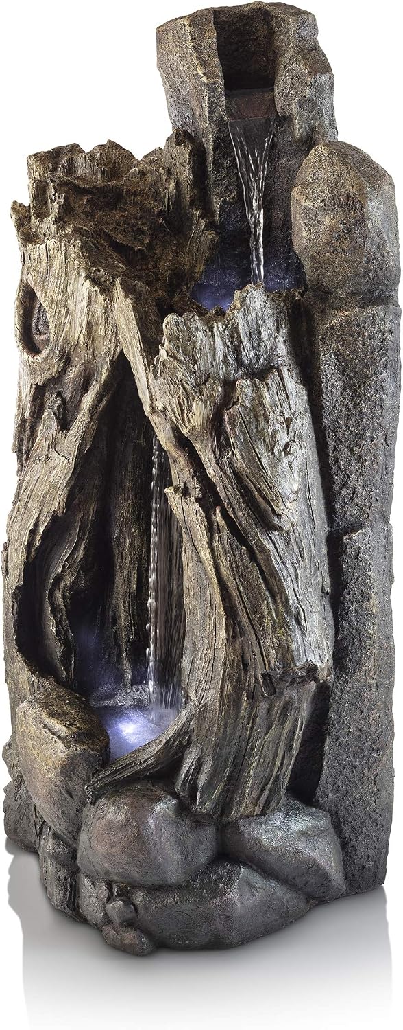 Alpine Corporation WIN270 52' Outdoor Rainforest Waterfall Tree Trunk Fountain with LED Lights, Cascading Water Feature for Garden, Patio, Backyard & Landscape Décor, Rustic, Brown