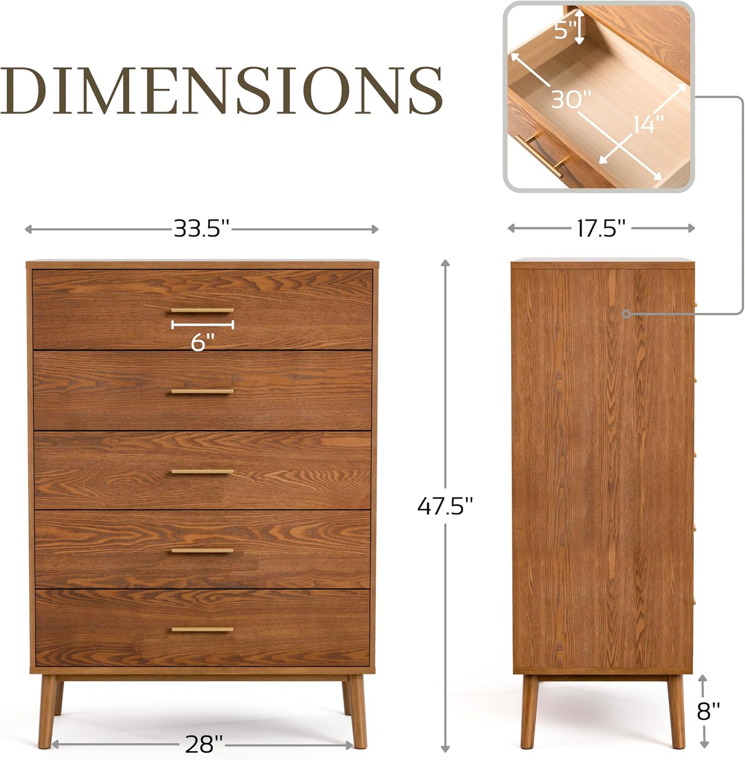 Furniture of America Wyatt Modern Solid Wood Bedroom Collection with Queen Bed Frame, Nightstands, Dresser with Mirror, Chest, No Box Spring Needed, Walnut, Boucle Wingback Low Profile, 6-Piece Set
