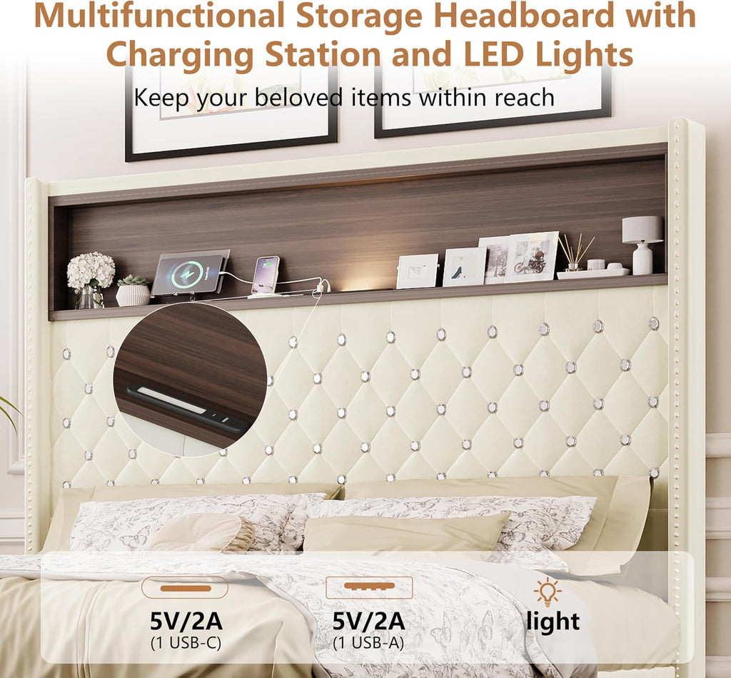 JIVOIT Full Size Bed Frame with Storage, Velvet Tufted Soft Bed Frame with 52'' High Headboard with Rivet Decoration, Wing-Back Platform Bed with Headboard Shelf, No Box Spring Needed (Beige,Full,42)