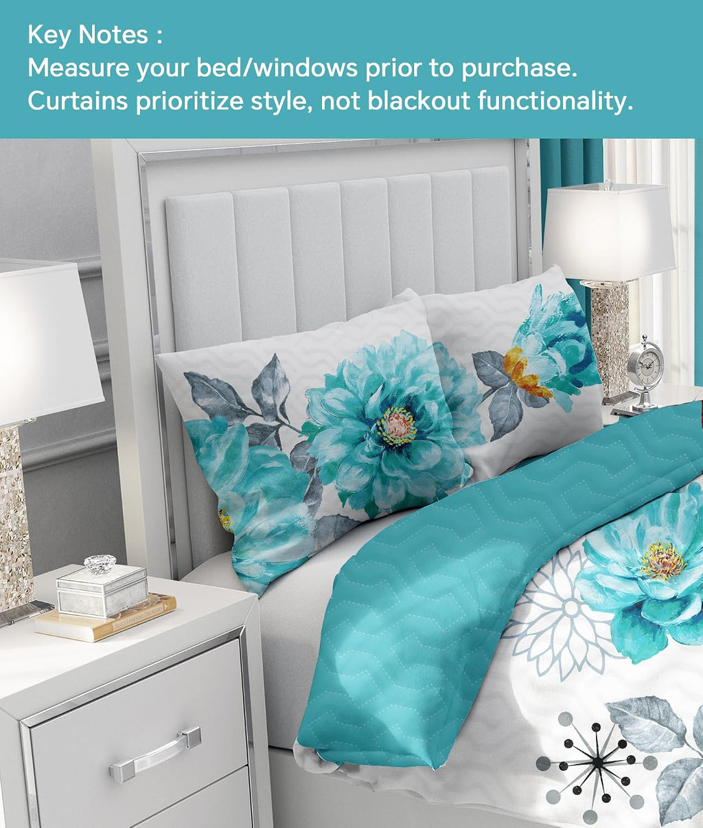 9 Pcs Cal King Bed in A Bag with Curtains | Teal Floral Bedspread, 2 Pillowcases, 2 Print & 4 Solid Curtains | Microfiber, Cotton-Like Touch | Bedroom | Bedspread and Curtain Sets