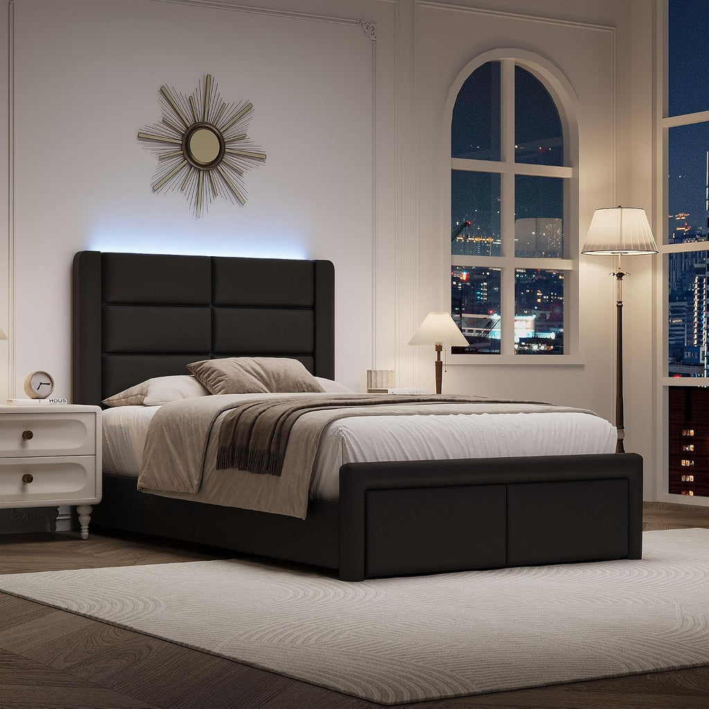 Twin Bed Frame with Headboard and LED Lights, Modern Faux Leather Upholstered Bed Frame with Wooden Slats Support and Heavy Duty Mattress Foundation, No Box Spring Needed, Easy Assembly, Black