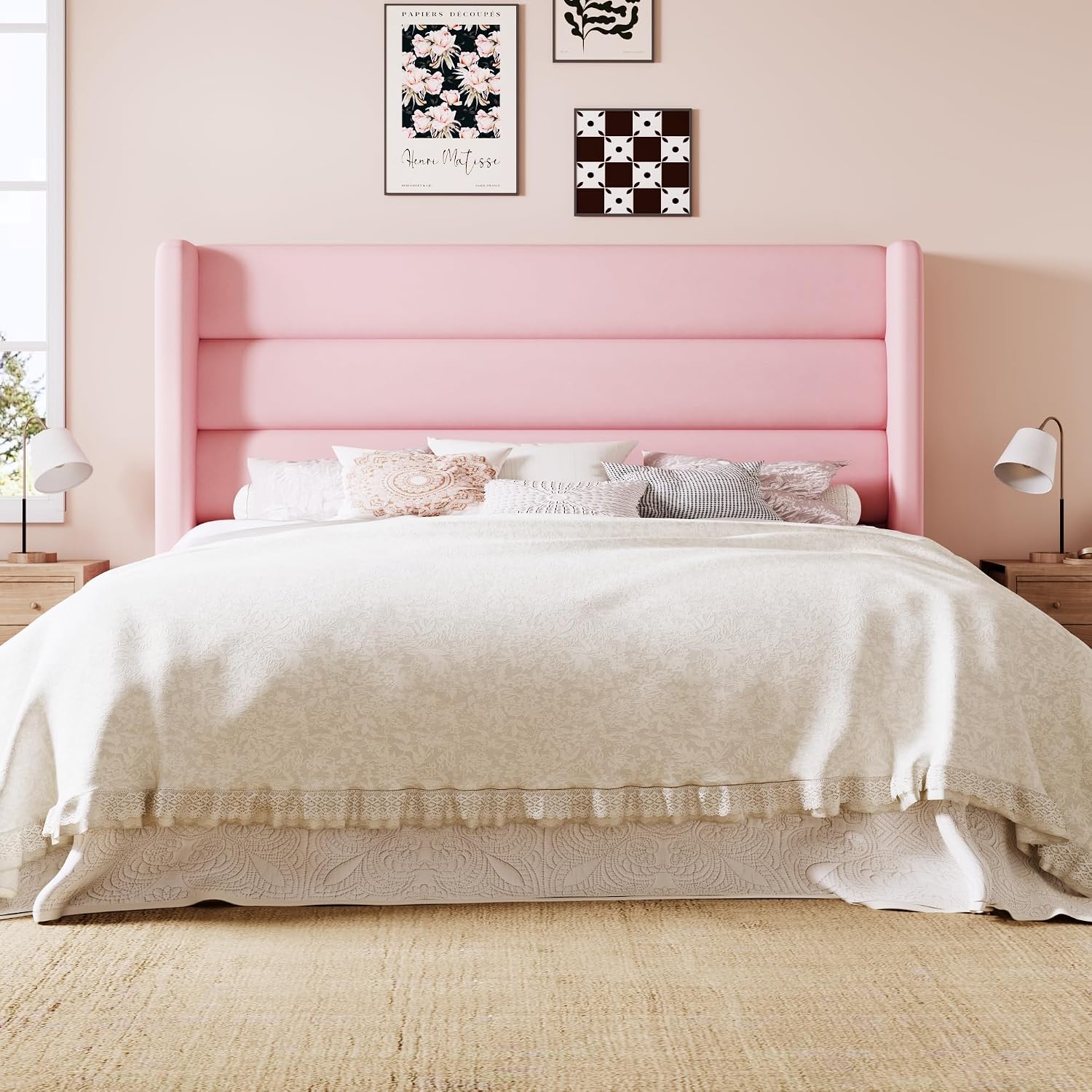 Allewie Full Size Platform Bed Frame with Velvet Upholstered Wingback Headboard, No Box Spring Needed, Under Bed Storage Space, Strong Wooden Slats, Modern Mattress Foundation, Easy Assembly, Pink