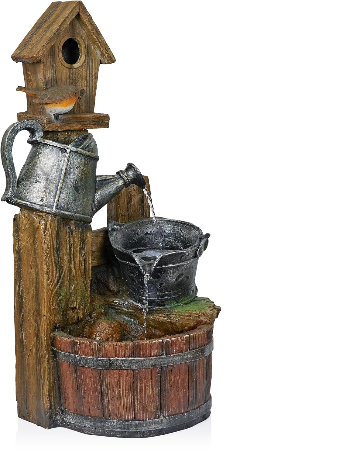 Alpine Corporation TZL280 Watering Can Barrel Birdhouse Fountain w/White LED Lights, Stylish Décor for Garden & Patio, 32' H