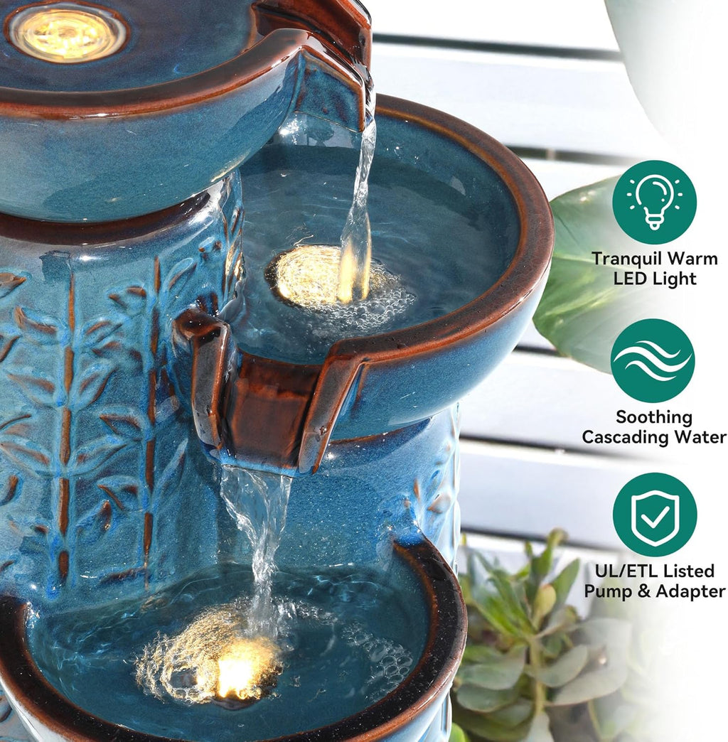 28' H Ceramic Outdoor Water Fountain with LED Lights, 3-Tier Cascading Bowls Water Feature, Tranquil Waterfall for Relaxing Garden, Patio, Yard, or Porch, Turquoise, Embossed Leaf Patterns