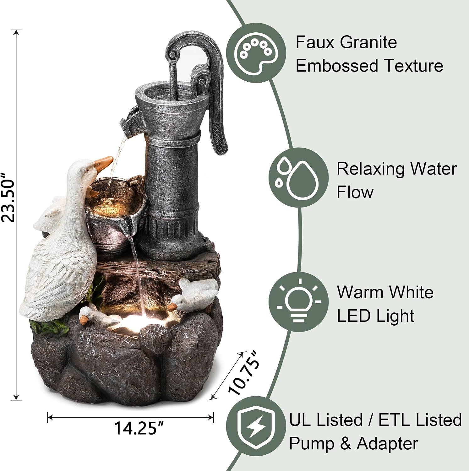 Glitzhome 24' Farmhouse Duck Outdoor Fountain with LED & Pump – 2-Tier Cascading Water Fountain for Outside Garden Decor - Rustic Waterfall for Backyard, Garden, or Patio Decor