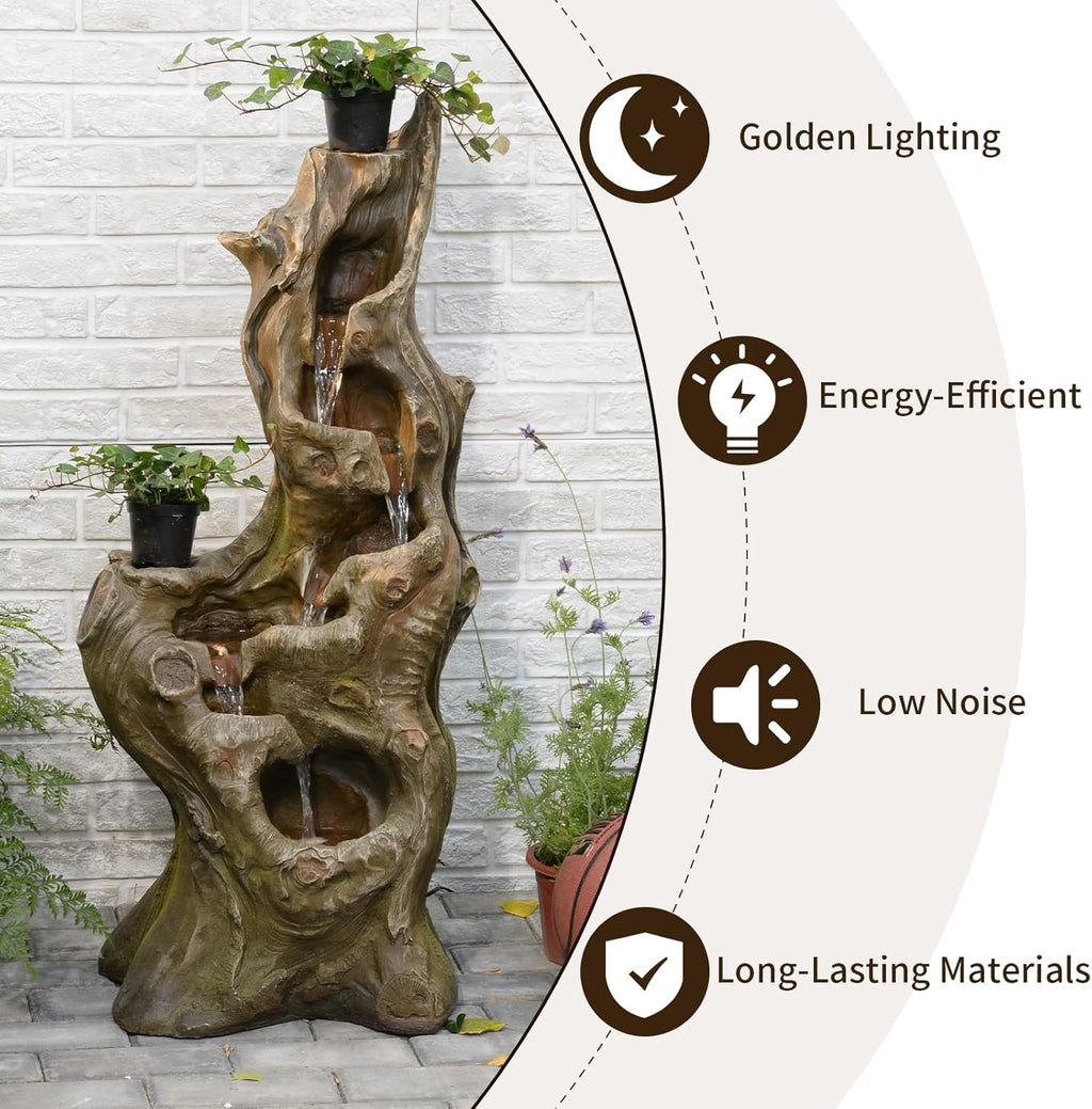 Sunlinua Water Fountain Outdoor 5-Tiers Large Cascading Realistic Tree Trunk Natural Waterfall Outdoor Fountains Resin Imitation Wood with LED Lights for Garden, Patio, Porch