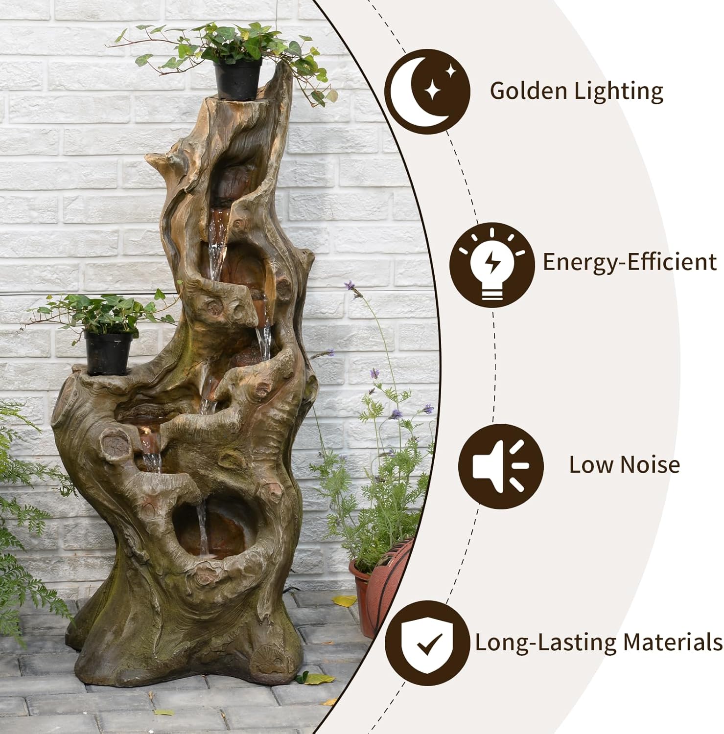 Sunlinua Water Fountain Outdoor 5-Tiers Large Cascading Realistic Tree Trunk Natural Waterfall Outdoor Fountains Resin Imitation Wood with LED Lights for Garden, Patio, Porch