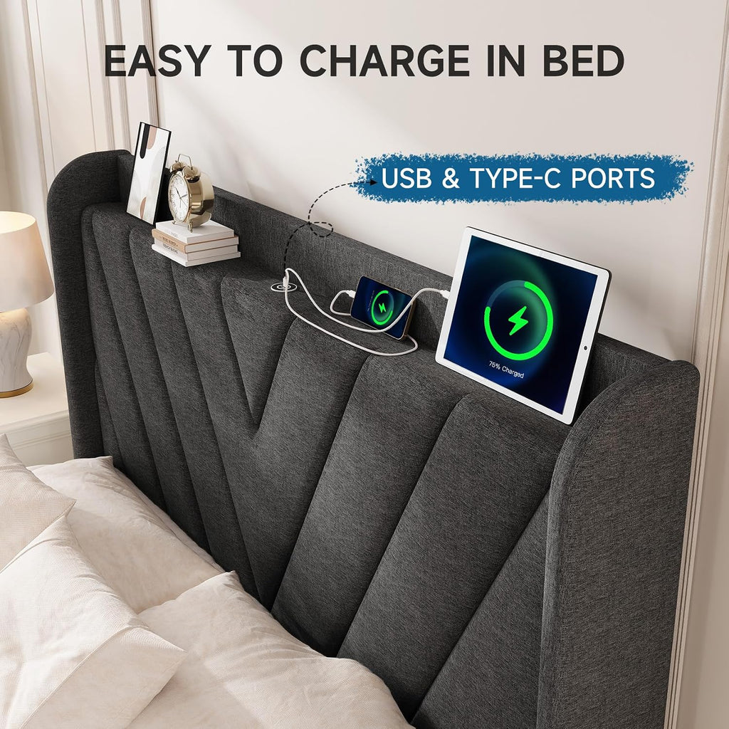 koorlian Queen Bed Frame with Headboard, Adjustable Upholstered Platform Bed Frame with Type-C&USB Ports, Wingback Storage Headboard, Solid Wood Slats Support, No Box Spring Needed, Dark Gray