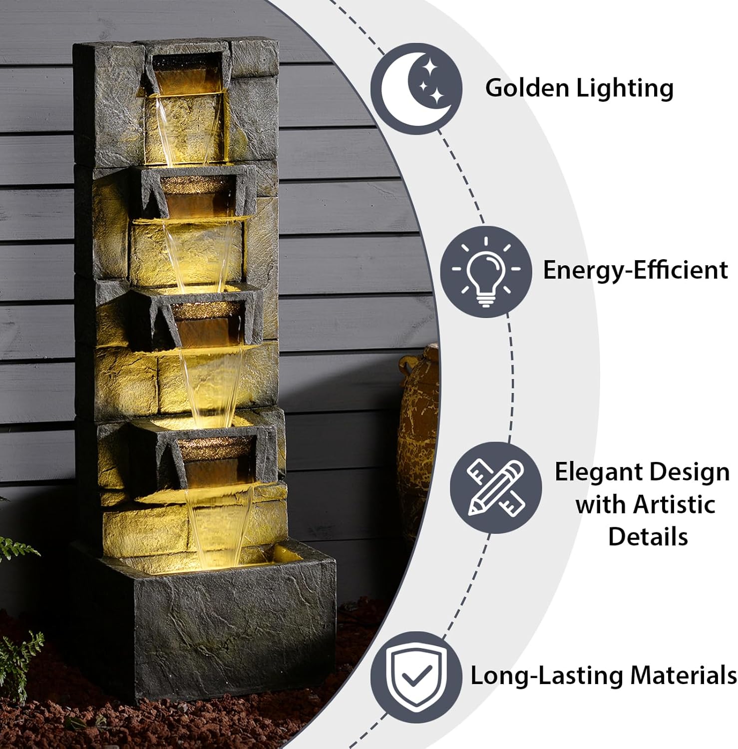 Outdoor Waterfall Fountain with LED Lights, 41' Tall Stone-Look Cascading Water Feature for Home Décor, Realistic Flowing Water Sound for Relaxation, Freestanding Indoor/Outdoor Fountain