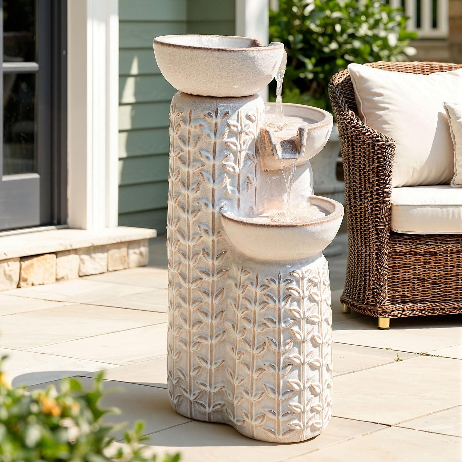28' H Ceramic Outdoor Water Fountain with LED Lights, 3-Tier Cascading Bowls Water Feature, Tranquil Waterfall for Relaxing Garden, Patio, Yard, or Porch, Beige Glaze, Embossed Leaf Patterns