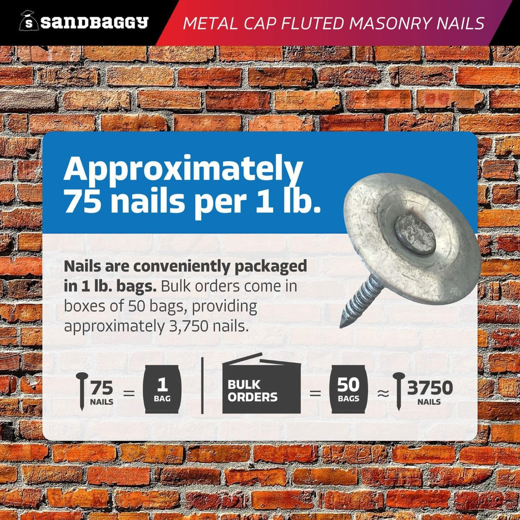 Sandbaggy 1' Metal Cap Fluted Masonry Nails - Electro Galvanized Steel (appx. 75 nails/lb) - Cement, Brick, Concrete Nails (25, Pounds)