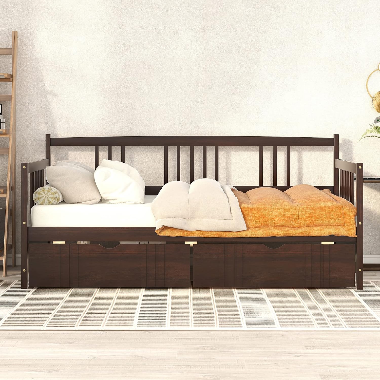 Merax Daybed Bed Wooden Slats Support Modern Living Daybed with Rails (Twin with Drawers, Espresso)