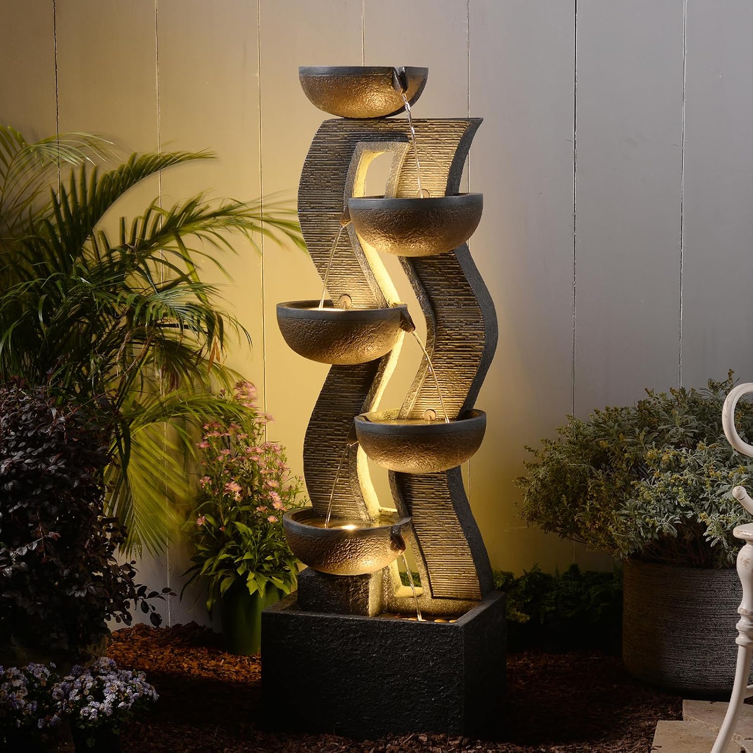 Bumilgar 52.8 Tall Garden Water Fountain Outdoor for Garden, Patio, Backyard, Deck, Porch and Home Art Decor, 6 Tiers Modern Cascading Large Outdoor Fountain with Lights