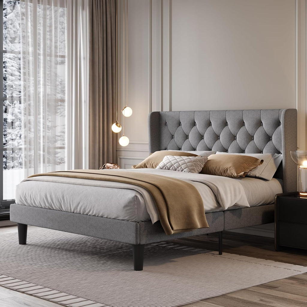 SHA CERLIN Queen Size Upholstered Platform Bed Frame with Wingback Headboard, Tufted Linen Fabric, Wooden Slats Support, Easy Assembly, No Box Spring Needed, Light Grey
