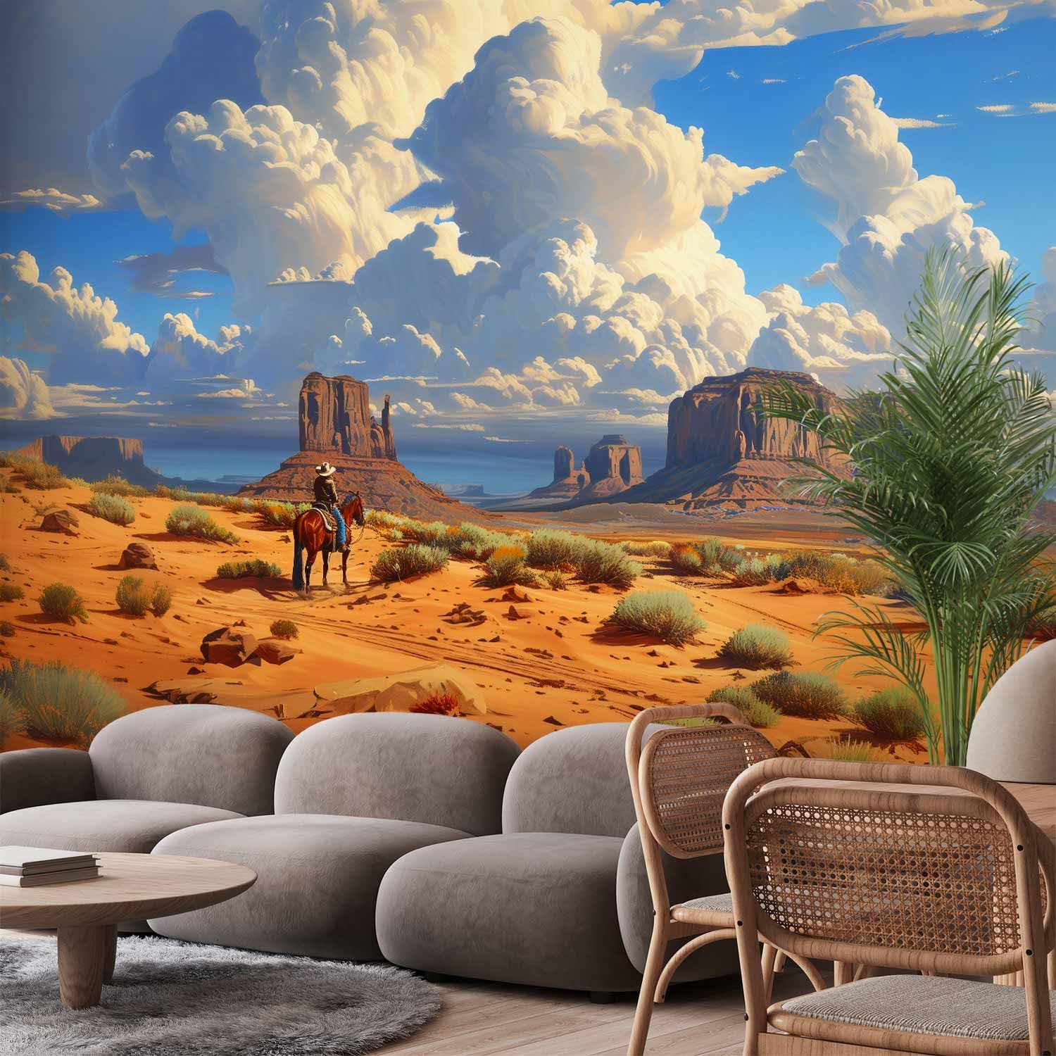 artgeist Premium wall Mural Lone Ranger 118x83 in Non-Woven Wallpaper Monument Valley Cowboy Horse Desert Western wall Art Clouds Adventure Horseback Beige Brown Home Decor o-H-10001-a-a