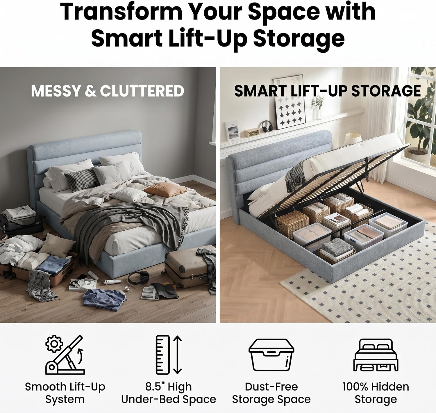 Lift Up Storage Bed King Size, Linen Upholstered Platform Bed with Hydraulic System & Wood Slats Support, King Bed Frame with 3-Panel Headboard, No Box Spring Needed, Easy Assembly, Baby Blue
