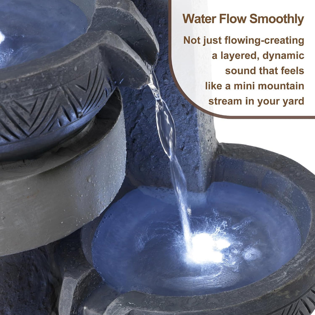 28' Outdoor Water Fountain with Led Lights, 4-Tiered Owl & Calla Lil Water Fountain, Outdoor Garden Waterfall Decor for Garden, Patio, Courtyard (32' Modern Pottery)