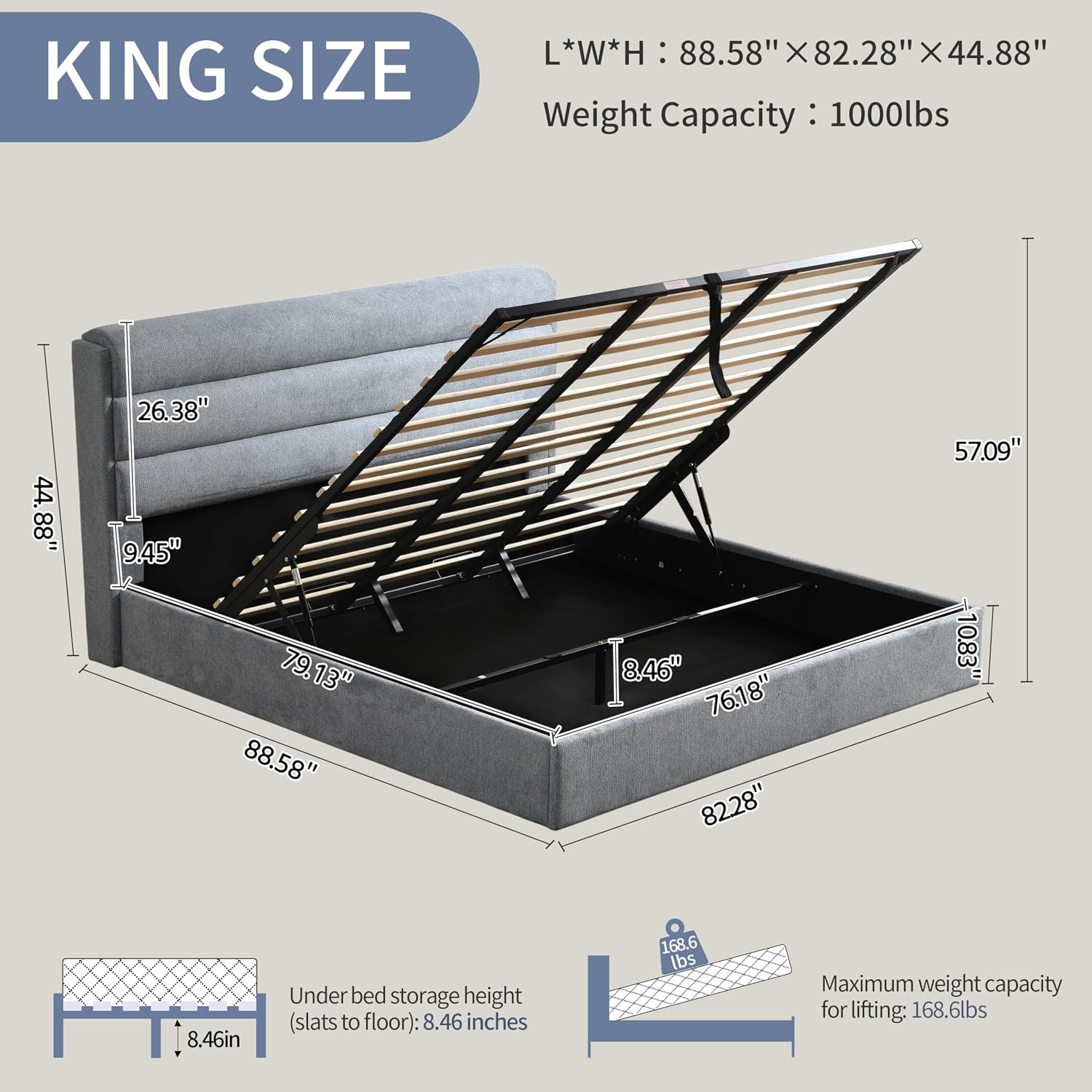 Lift Up Storage Bed King Size, Linen Upholstered Platform Bed with Hydraulic System & Wood Slats Support, King Bed Frame with 3-Panel Headboard, No Box Spring Needed, Easy Assembly, Baby Blue