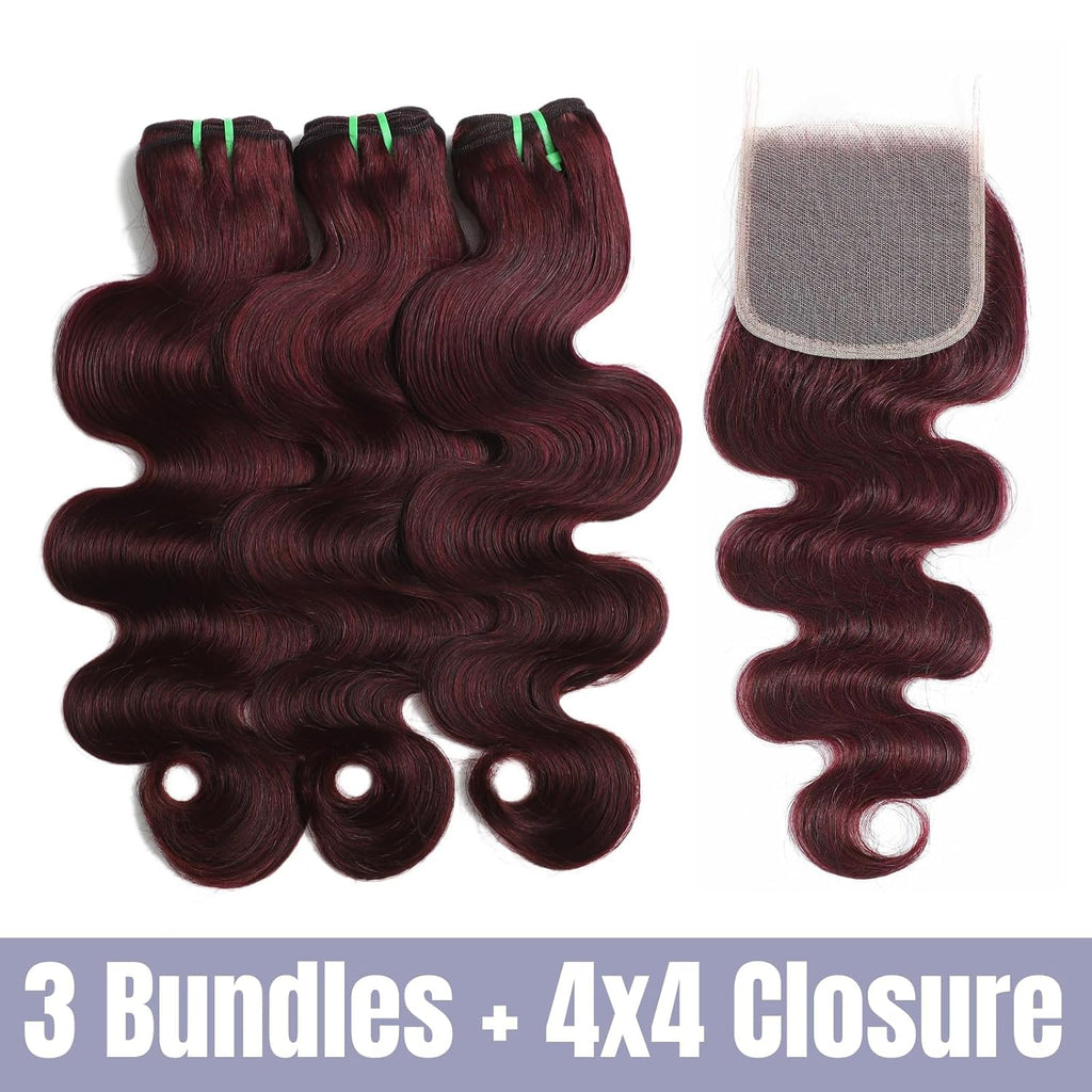Double Drawn Dark Burgundy Human Hair Bundles with 4x4 Lace Closure, 13A 100% Raw Hair Body Wave #99J Wine Red Colored 3 Bundles with HD Transparent Lace Free Parting 10 12 14 + 10 Inch