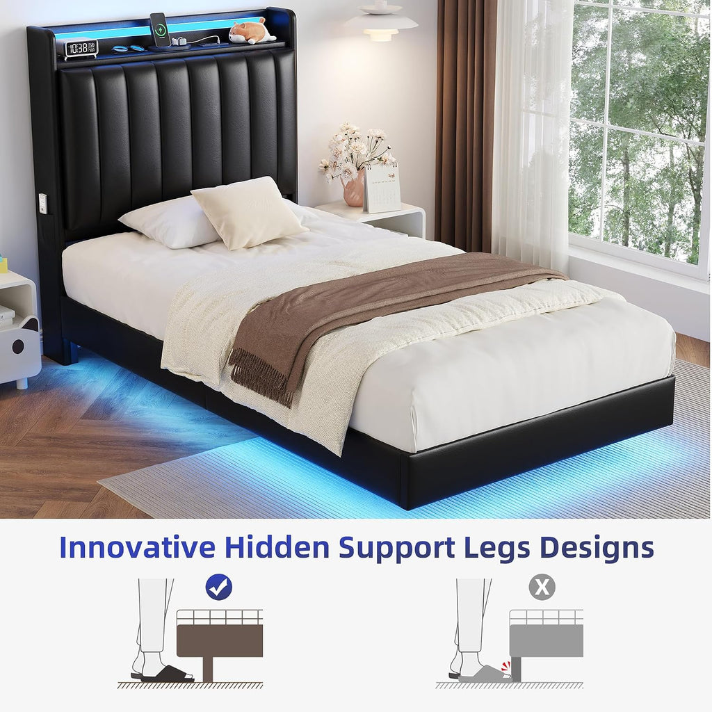 Twin Size Floating Bed Frame with Ergonomic Hidden Storage Headboard and LED Light,Visual Floating Bed Frame with Charing Station,Leather Upholstered Platform Bed for Kids/Boys/Girls,Heavy Duty,Black