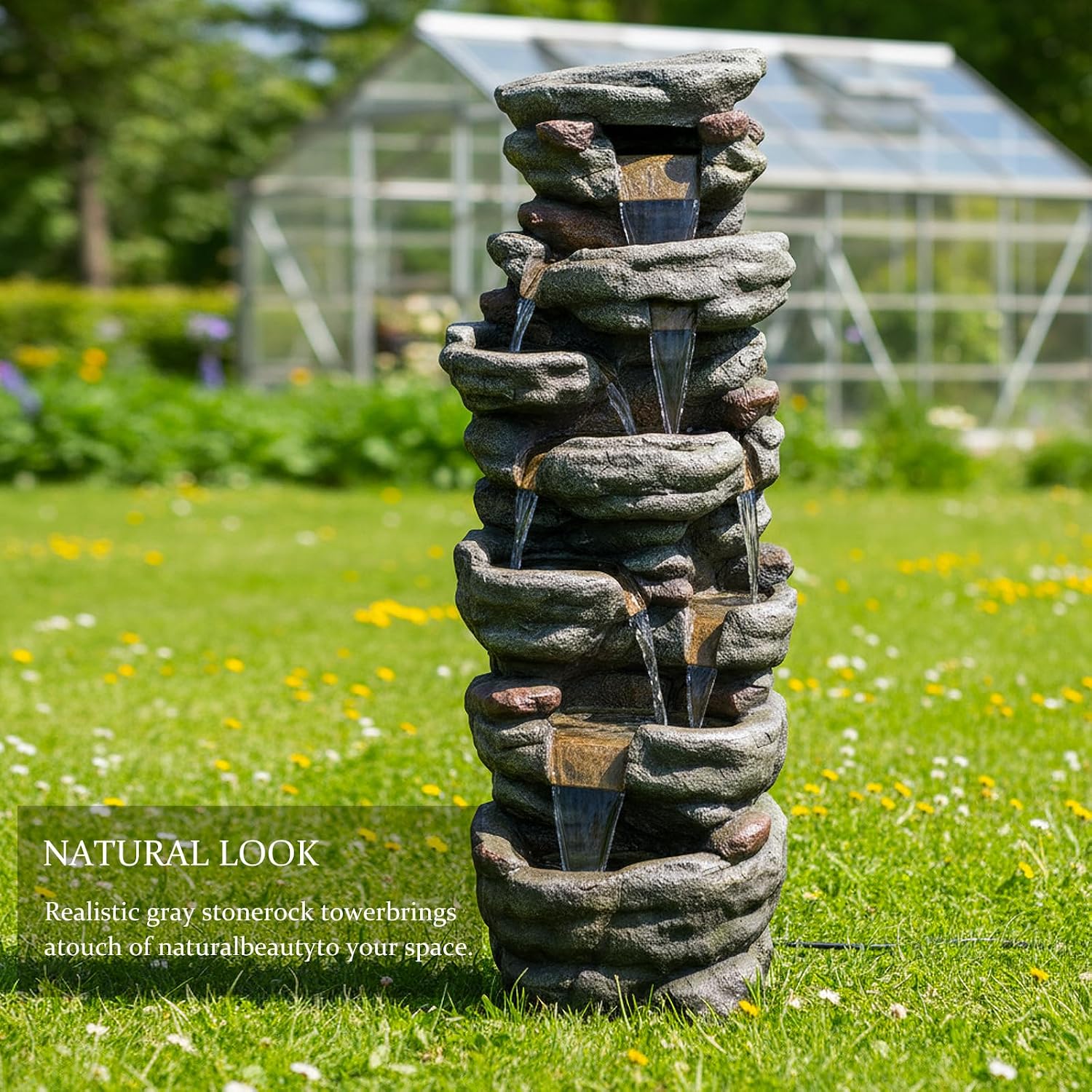 SunJet 51' High Multi-Tiers Cascading Rock Outdoor Water Fountain with LED Lights - Large Outdoor Fountains and Waterfalls for Garden or Patio, Yard, and Deck Decor, Featuring Natural Stone Look