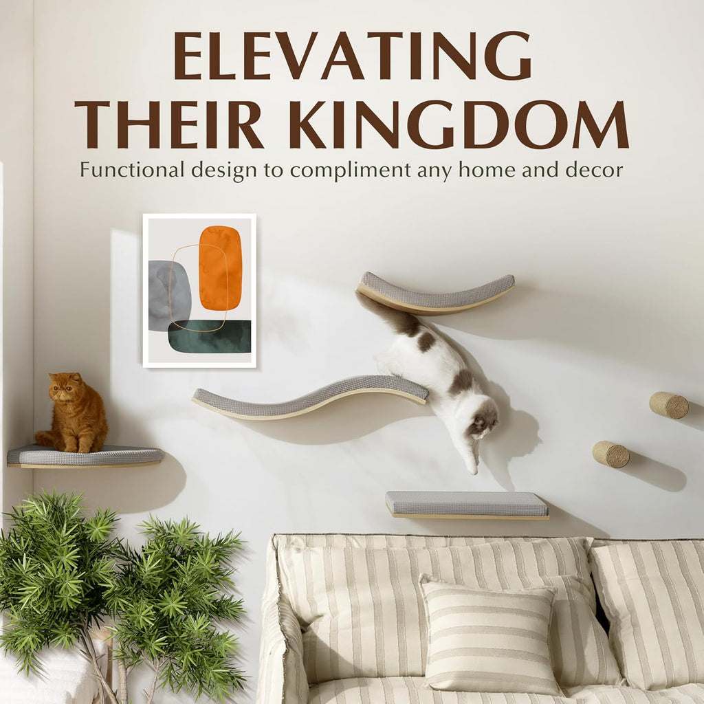 Extra Large 35.4' × 11.6' Stylish Cat Wall Shelves with Soft Cushion, Modern Wall-Mounted Cat Tree Furniture & Perch, Sturdy/Hidden Mounts, Machine Wash Cover, Sleek Design- CALLICO HAVEN Wave S-Shape