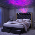 SIBEDS Queen LED Bed Frame with 2 Storage Drawers, PU Upholstered Platform Beds with Galaxy Star Projector Charging Station Speaker, Aurora Bedframe with 2-Tier Storage Headboard, Noise-Free, Black