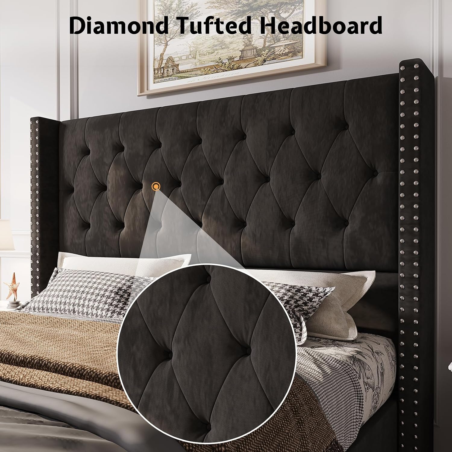 PaPaJet Upholstered Queen Bed Frame with Tall Headboard, Wingback Platform Bed, Low Profile Velvet Tufted Button, No Box Spring Needed, Easy Assembly, Black