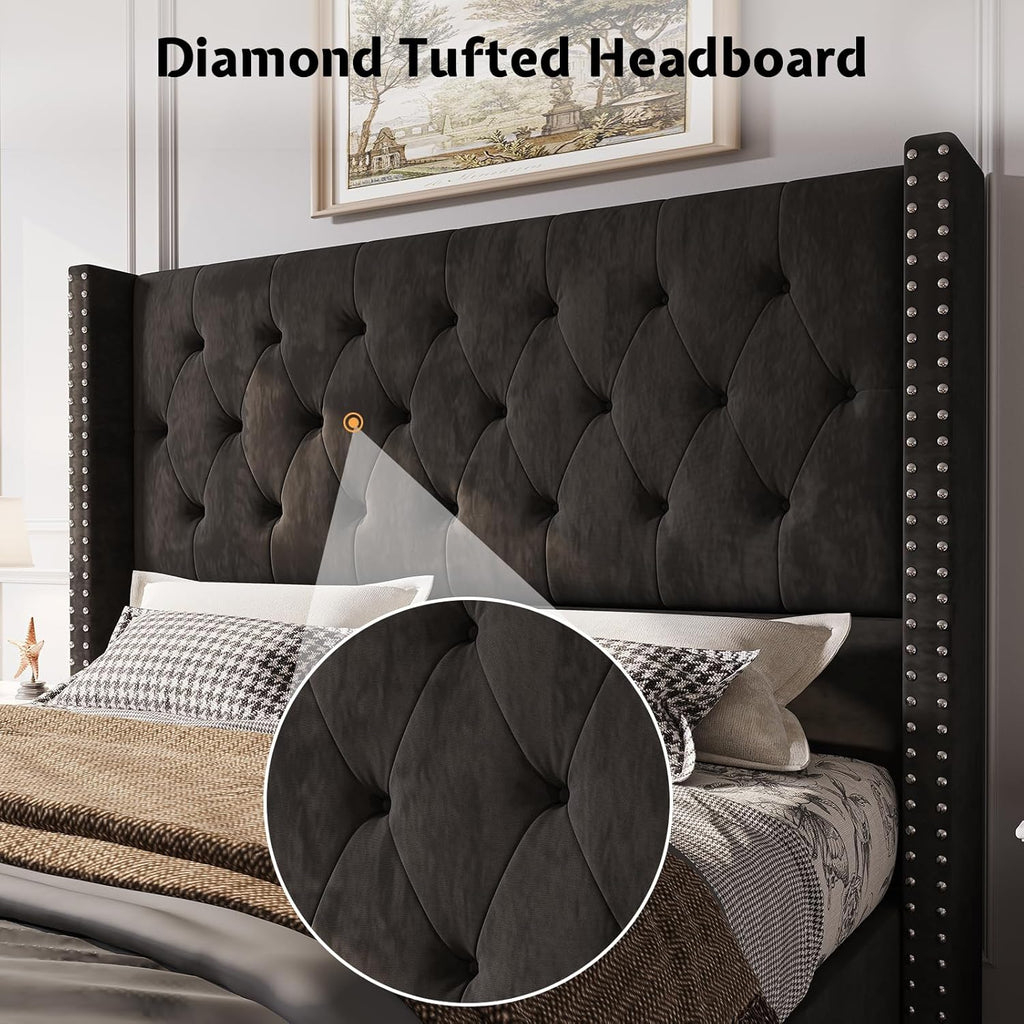 PaPaJet Upholstered King Bed Frame with Tall Headboard, Wingback Platform Bed, Low Profile Velvet Tufted Button, No Box Spring Needed, Easy Assembly, Black