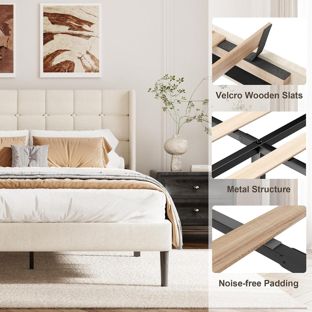 Full Size Bed Frame with Wingback Headboard, Velvet Upholstered Platform Bed Frame with Button Tufted Headboard, Wooden Slats Support, No Box Spring Needed, Noise Free, Easy Assembly, Beige