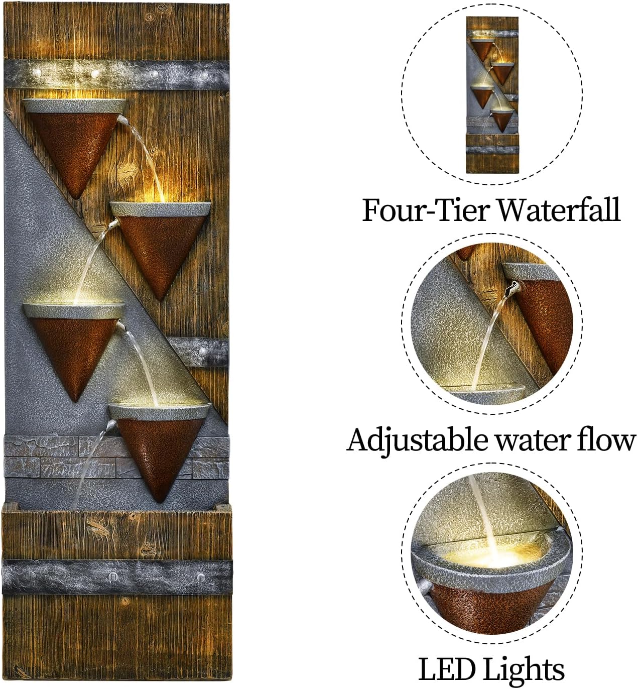 49.21' Outdoor Garden Water Fountain with Lights Floor-Standing 4 Tiers Cascading Large Waterfall Fountain for Patio, Backyard, Deck, Porch and Home Art Decor