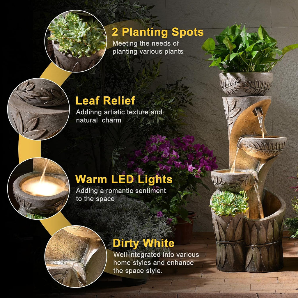 35.6' H Outdoor Water Fountain - Relief Leaf Design 4 Tiers Modern Cascading Bowls and Garden Fountains with Lights for Patio, Deck, Porch, Lawns, Backyard and Home Art Decor