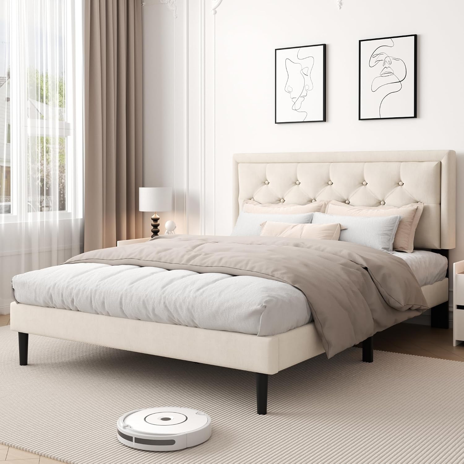 CXVX Full Size Platform Bed Frame with Upholstered Velvet Button Tufted Headboard, Mattress Foundation with Wooden Slat Support, No Box Spring Needed, Easy Assembly, Noise Free, Beige