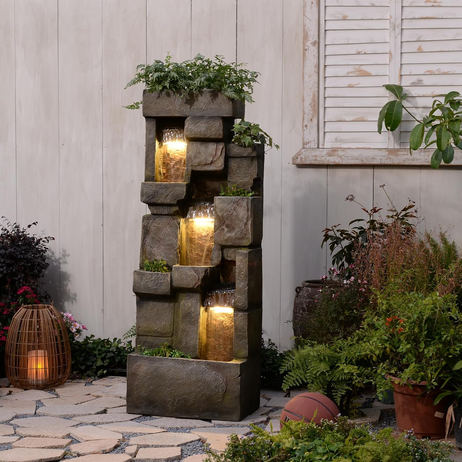 Tall Water Wall Fountain Outdoor with LED Lights, 56.3' Large Resin Cascading Waterfall Feature with Planter Design for Garden Patio Backyard Décor, Large Outdoor Fountain