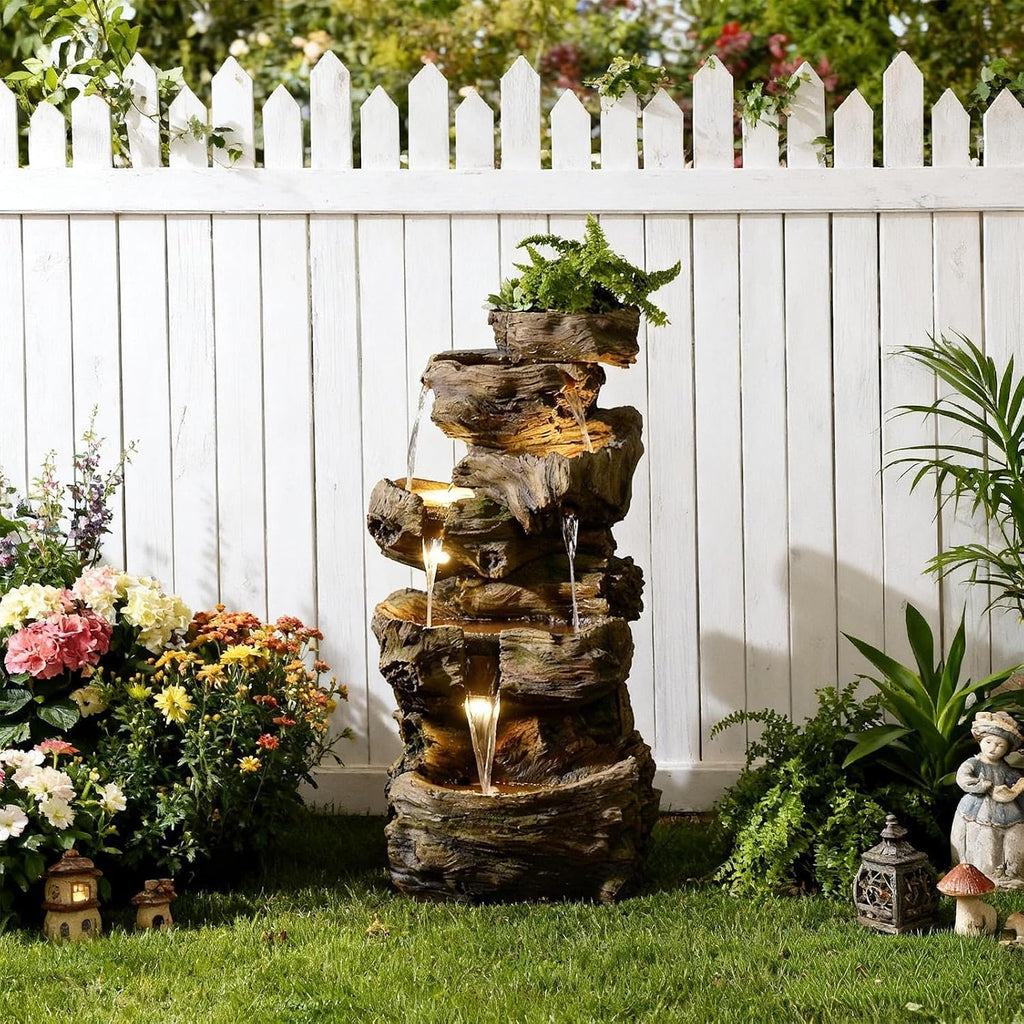 Sunlinua 40' H Outdoor Water Fountain with 5 Tiers Large Cascading Realistic Tree Trunk Waterfall Fountains with LED Lights Outdoor Water Fountain for Garden Patio Backyard Porch Home Decor