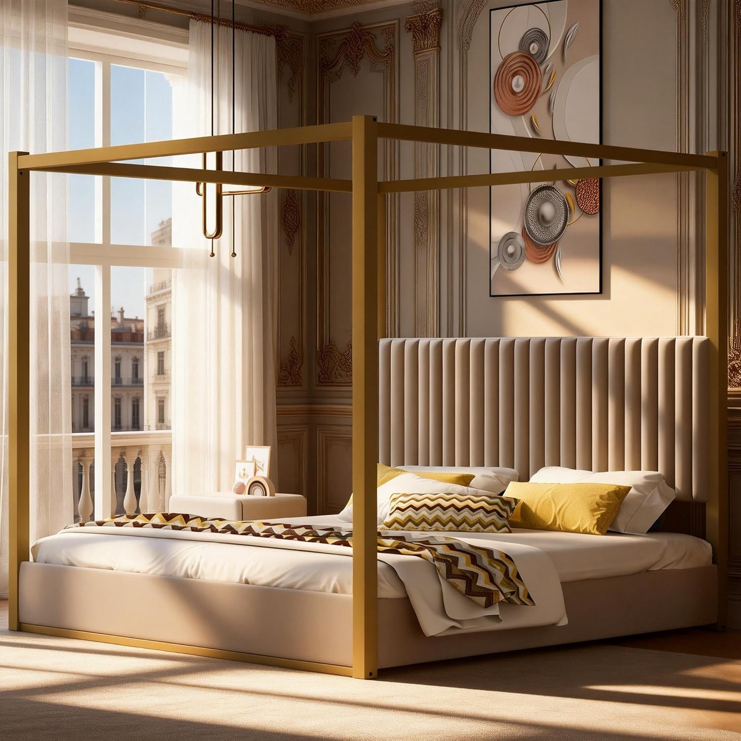 Queen Size Canopy Bed with Upholstered Headboard, 4-Poster Bed Frame with Metal Frame for Bedroom (Beige, Queen)