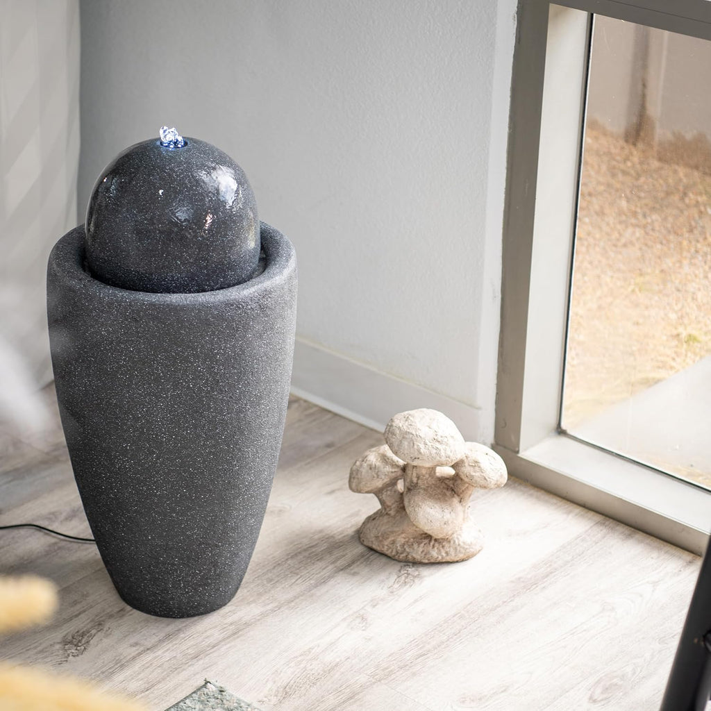 XBrand 26' Modern Sphere Water Fountain with LED Light – Indoor Outdoor Stone Texture Floor Fountain, Zen Bubbling Ball Water Feature for Garden Patio Porch - Gray