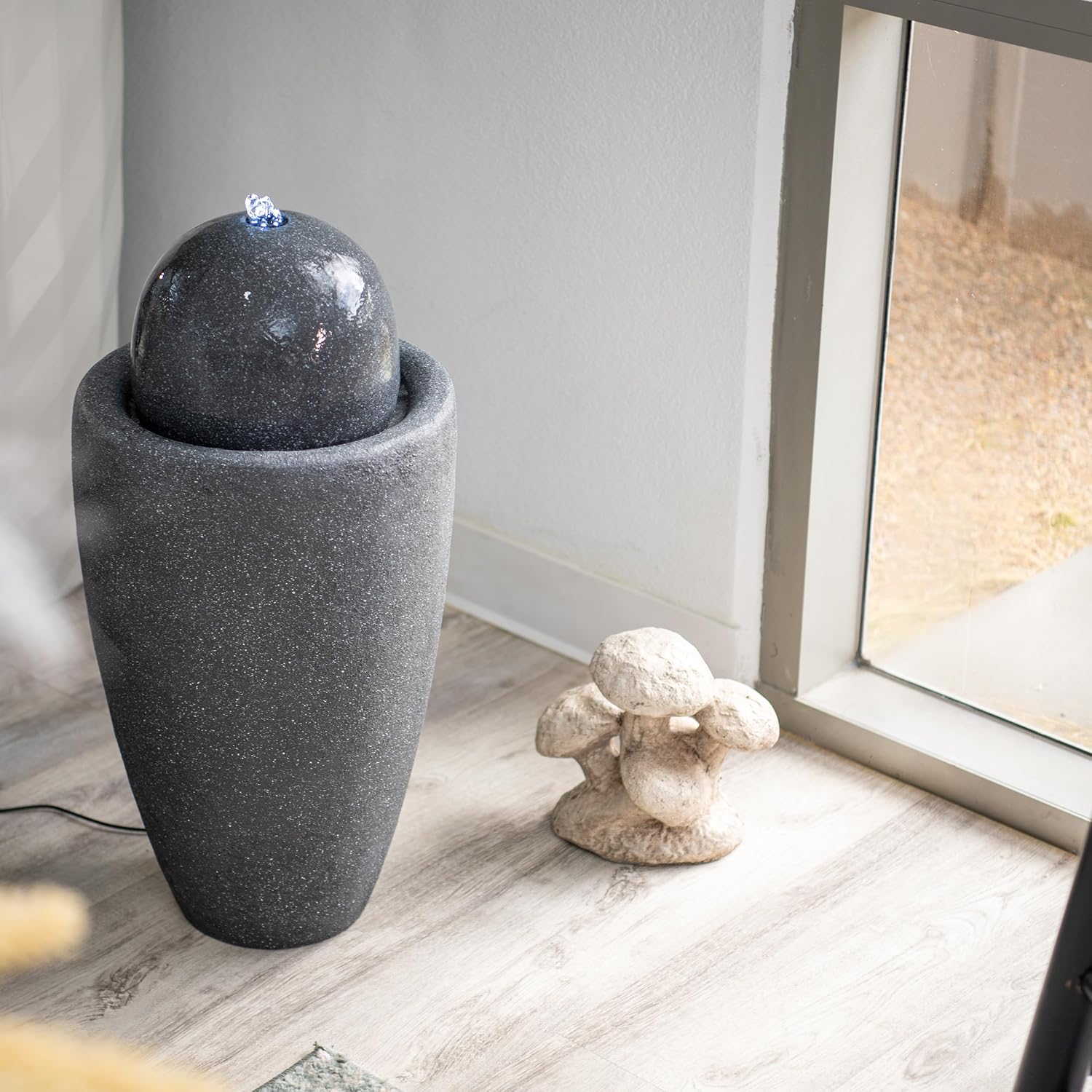 XBrand 26' Modern Sphere Water Fountain with LED Light – Indoor Outdoor Stone Texture Floor Fountain, Zen Bubbling Ball Water Feature for Garden Patio Porch - Gray