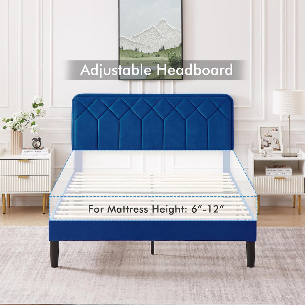VECELO Queen Size Bed Frame, Velvet Upholstered Platform with Adjustable Headboard, Mattress Foundation with Solid Wood Slats, No Box Spring Needed, Easy Assembly