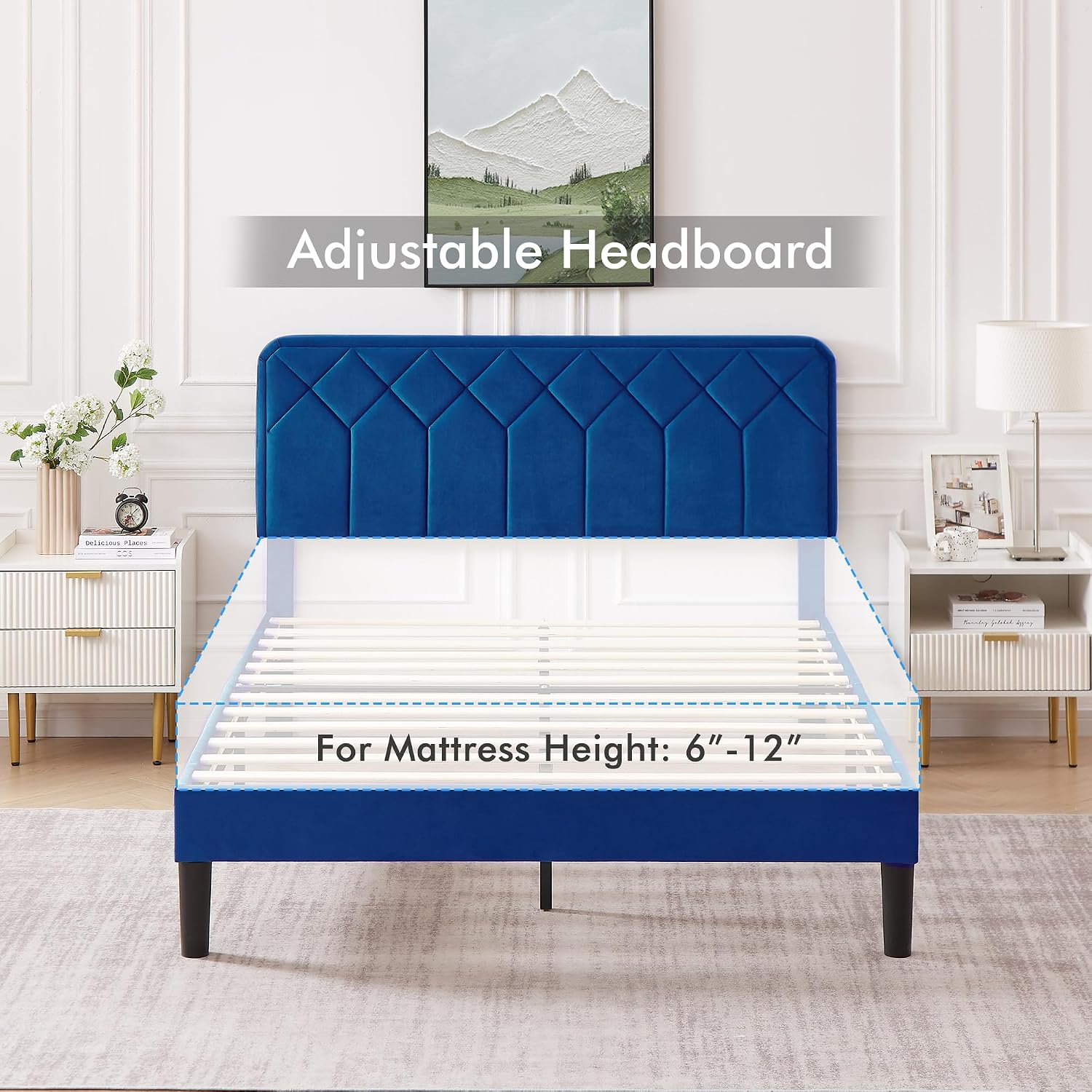 VECELO Queen Size Bed Frame, Velvet Upholstered Platform with Adjustable Headboard, Mattress Foundation with Solid Wood Slats, No Box Spring Needed, Easy Assembly