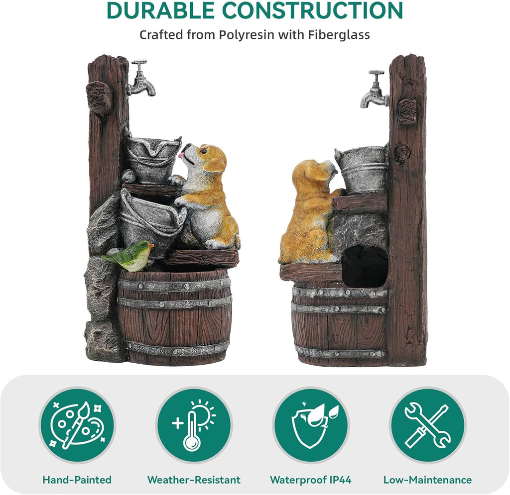 24.5' Puppy & Green Bird Outdoor Fountain, 3-Tier Pastoral Water Feature with LED Lights, Resin Buckets & Wooden Barrel Soothing Cascading Waterfall for Patio, Backyard, Garden