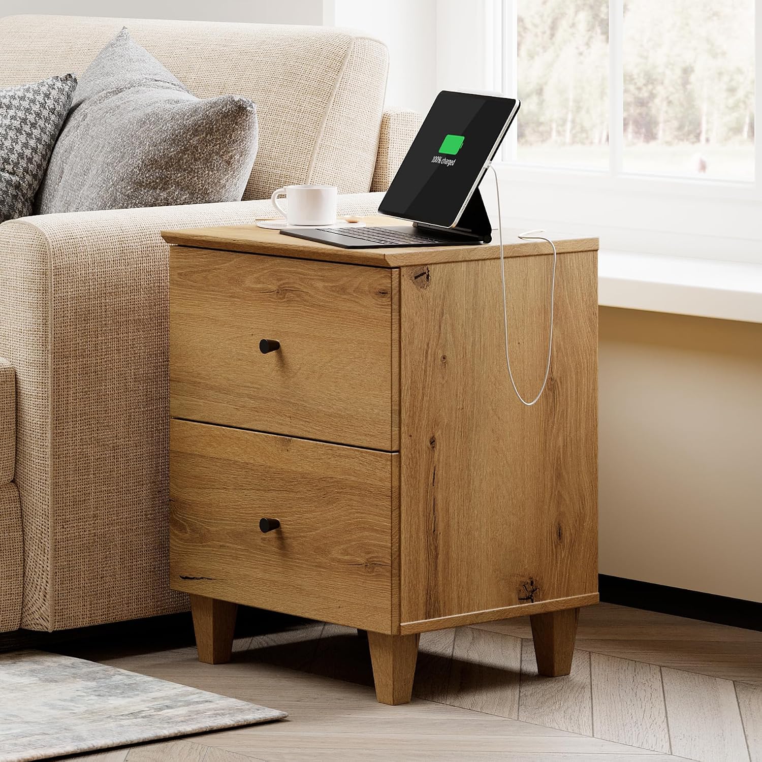 WAMPAT 3-Piece Bedroom Set - Modern Farmhouse Dresser & Nightstands with Charging Station, 6-Drawer Wood Chest & 2 Bedside Tables, Oak Brown Finish, Anti-Tip Safety Design