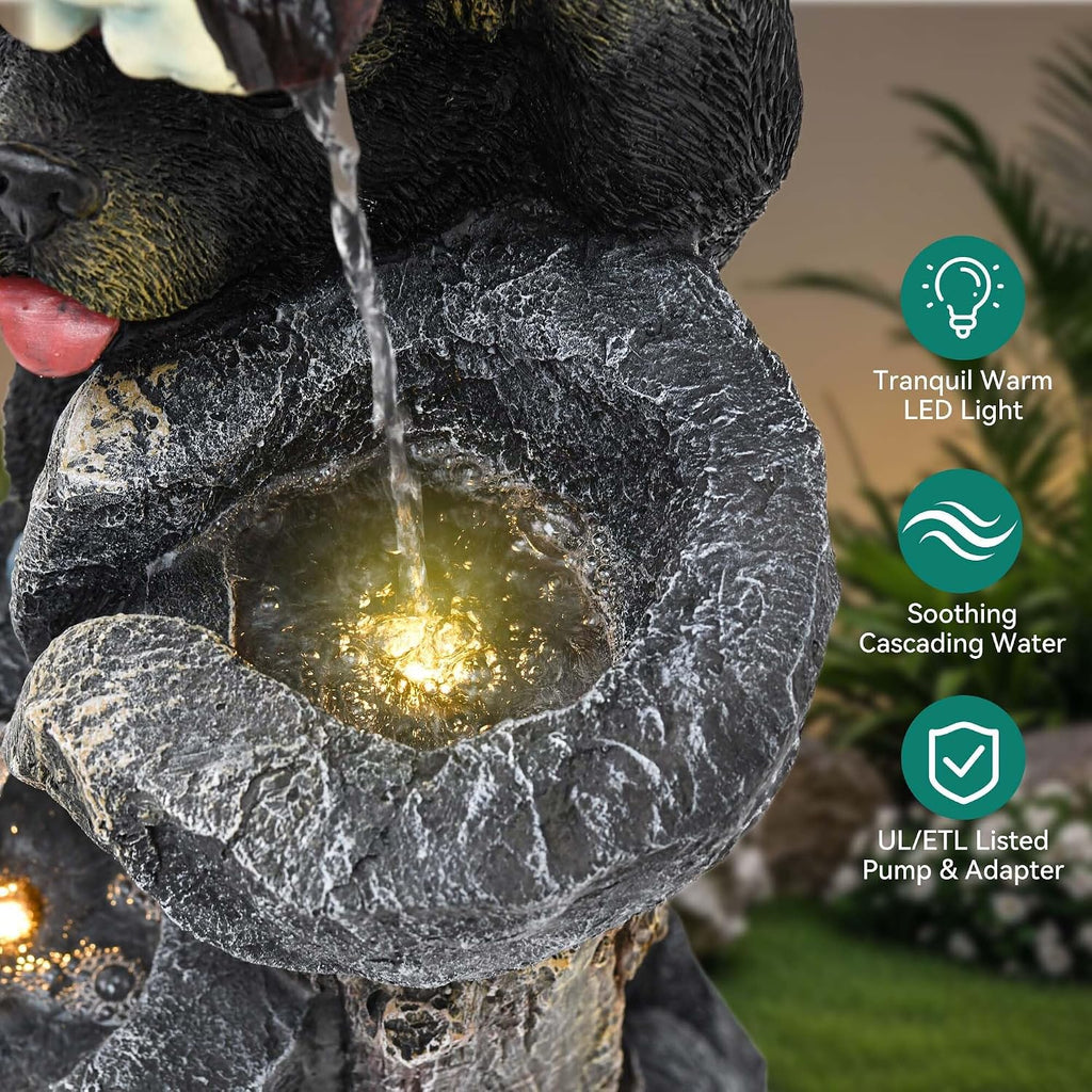 37.5' H Resin Playful Twin Bear Fountain Outdoor, Whimsical Multi-Tiered Stone Vessel Water Feature Outdoor with Lights, Soothing Cascading Waterfall for Patio, Backyard, Garden or Porch