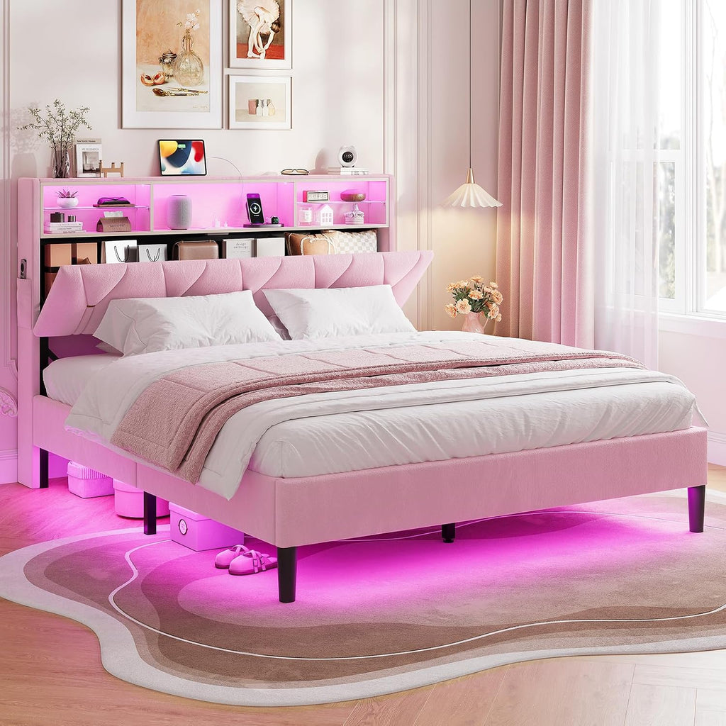 HAUOMS Full Size Bed Frames with Storage Headboard,Power Outlet, Modern Velvet Upholstered Platform Bed LED Bed Frame with 5 Storage Shelves, No Box Spring Needed, Pink